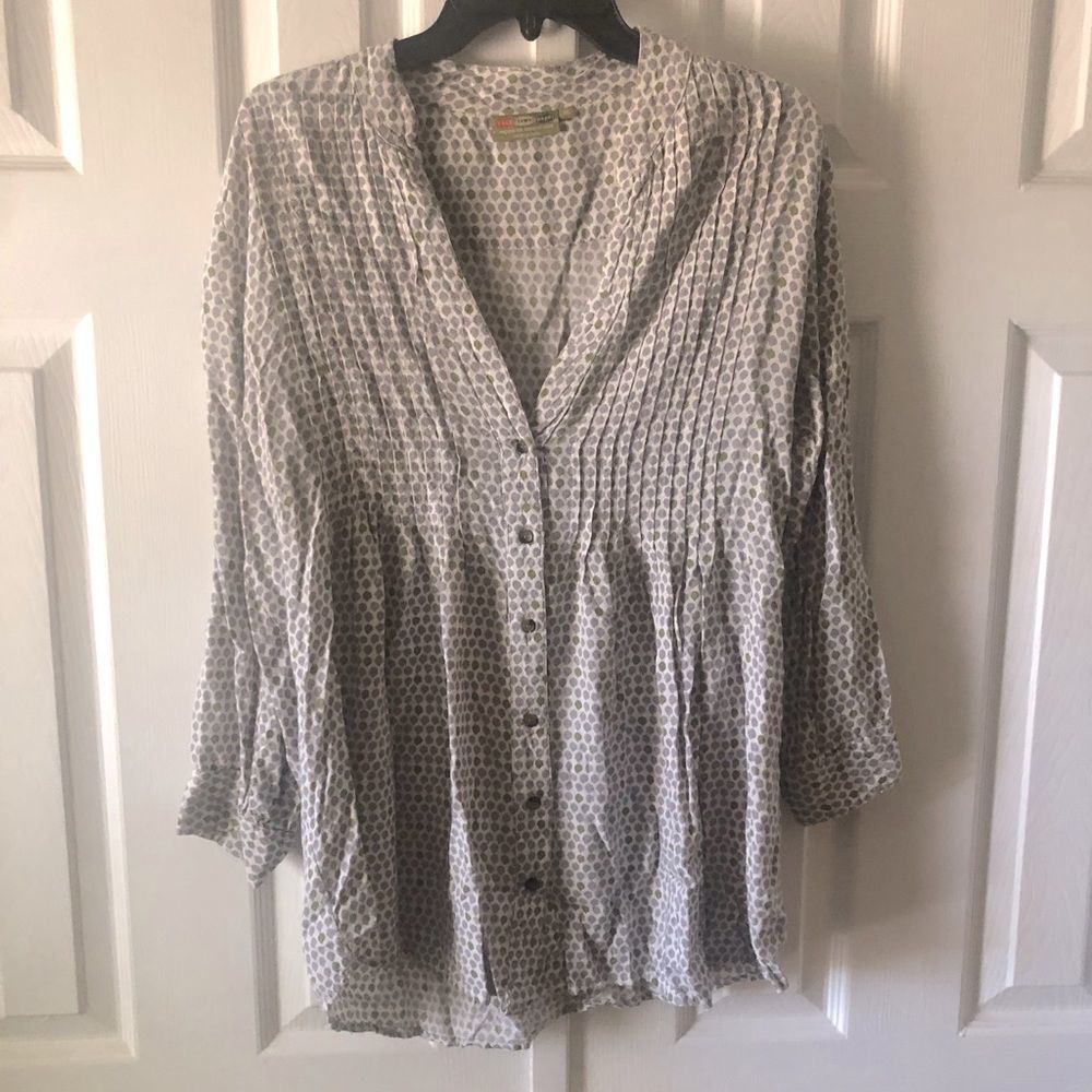 Rock Flower Paper grey/blue & green designed pleated long sleeve blouse size M